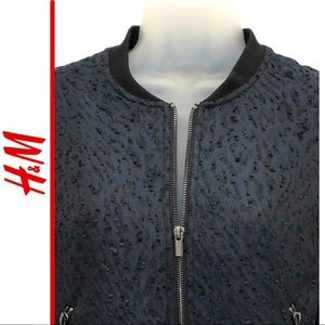 H&M Jacket Boucle Bomber Baseball Style Navy with Black Ribbed Collar &  Cuffs 8